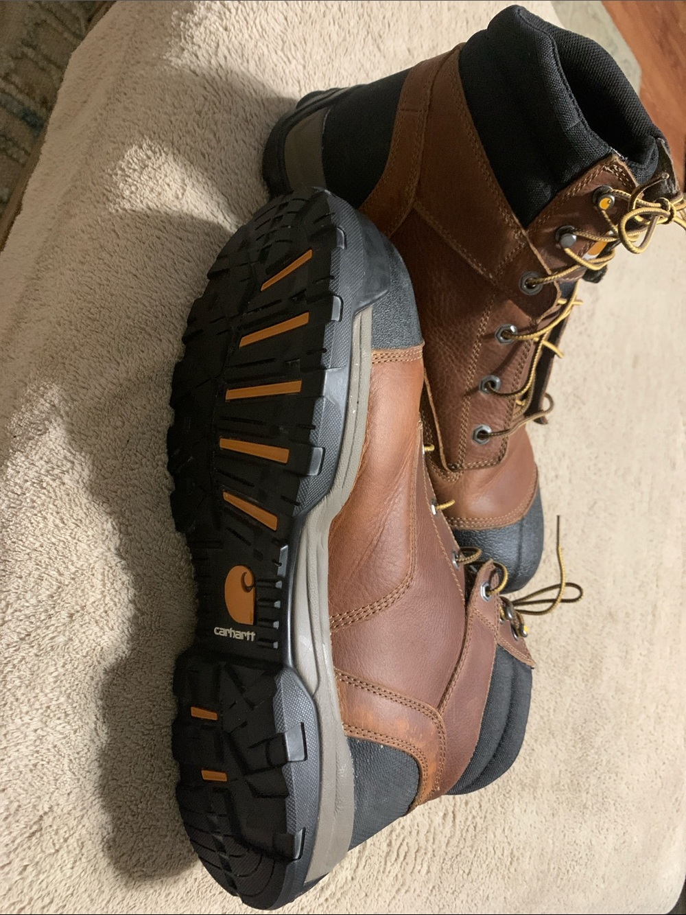Carhartt Brown and Black Men's Work Boots with Yellow Laces